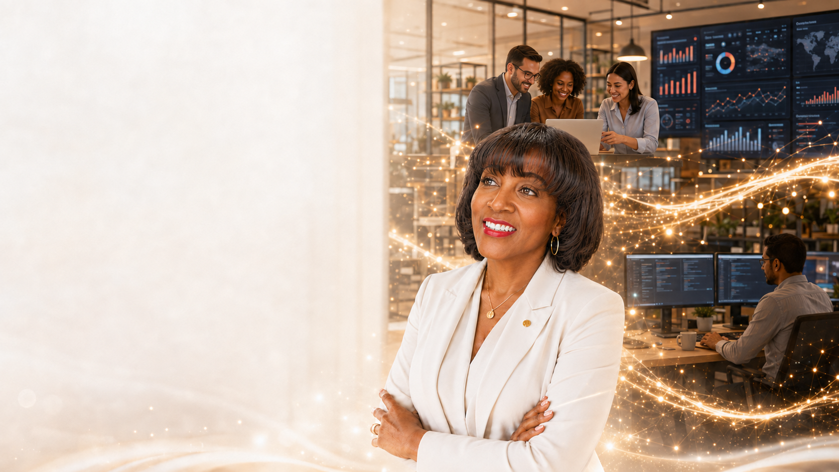 Sharifah Hardie surrounded by custom AI technology and a team bringing business ideas to life